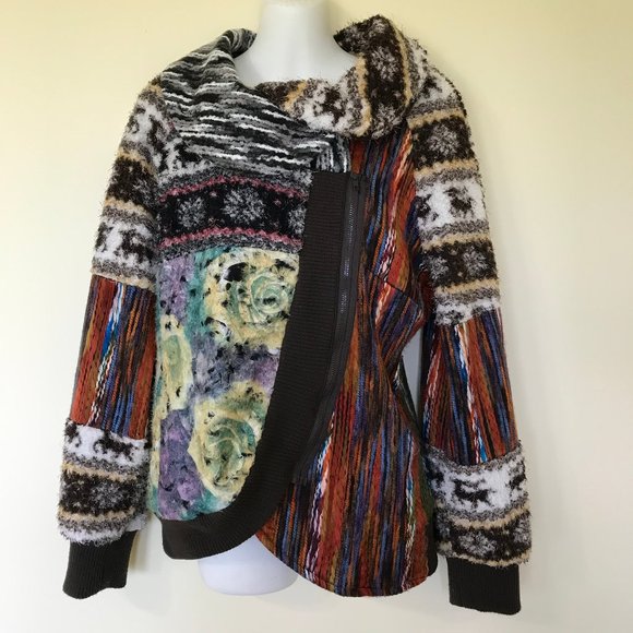 Elena Wang Colorful Textured Patchwork Zip Up Cardigan Jacket Top NWOT - Picture 1 of 10